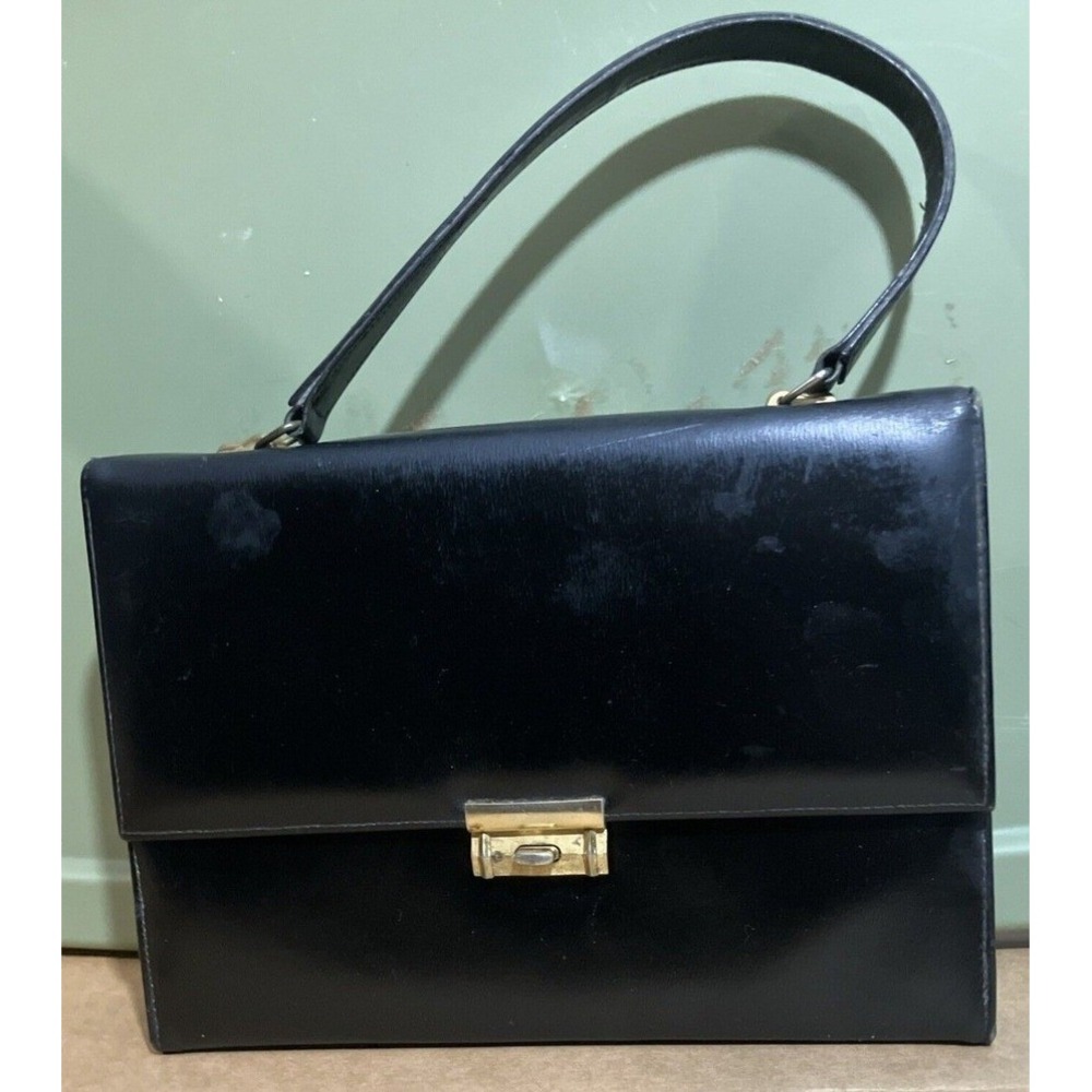 Martin Black Designer Handbag Black Leather Structured Gold Turn Lock Vintage